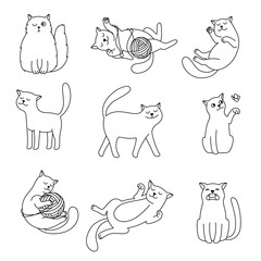 Cats line doodles. Vector cartoon cute outline cat sketches, minimalism lines playing domestic kittens images isolated on white background