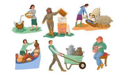 Fototapeta premium Set of different farmer people characters in various actions. Vector illustration in flat cartoon style.
