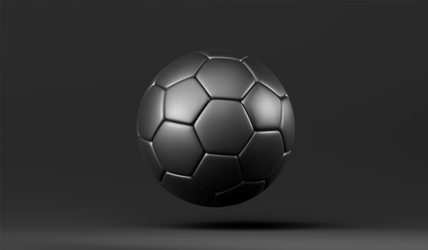Vector 3D black soccer ball. Leather football ball on black background. Football 3d ball.