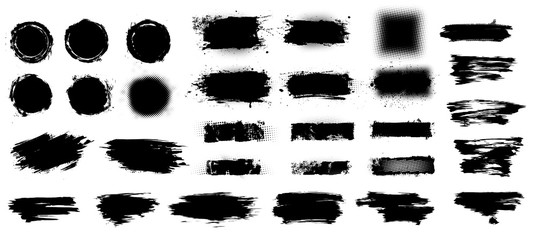 Set of thick brush strokes. Dirty artistic design elements, boxes, frames for text. Irregular drawing strokes. Brush stroke background. Set of black paint, circles, ink brush strokes. Vector set