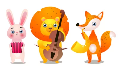 Fotobehang Set of three cute colorful musician animals with different instruments. Vector illustration in flat cartoon style. © greenpicstudio