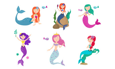 Set of colorful cute sea mermaids in different positions. Vector illustration in flat cartoon style.