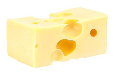 Lying rectangular piece of Maasdam cheese isolated on a white background