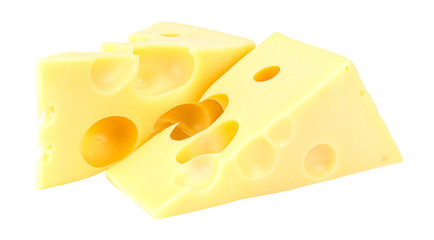 Lying two triangular pieces of Maasdam cheese isolated on a white background