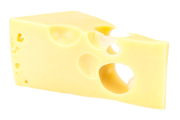 Lying triangular piece of Maasdam cheese isolated on a white background