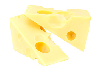 Lying two triangular pieces of Maasdam cheese isolated on a white background