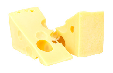 Lying two triangular pieces of Maasdam cheese isolated on a white background