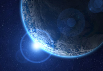 Blue planet Earth and rising sun.