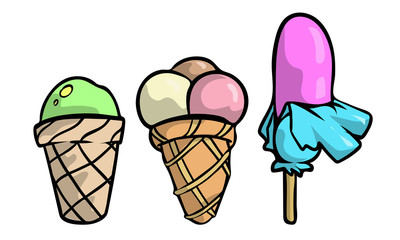 Set of three different colorful ice cream, sweet cold food.Vector illustration in flat cartoon style.