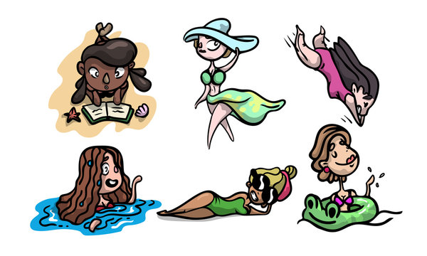 Set of different cute and sexy girls on a hot beach. Vector illustration in flat cartoon style.