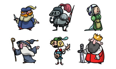Set of cute and funny medieval characters of different people. Vector illustration in flat cartoon style.