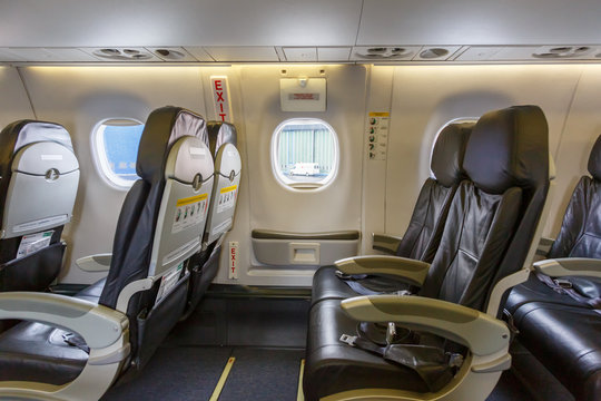 Cabin of a German Airways Embraer 190 airplane Cologne Bonn airport