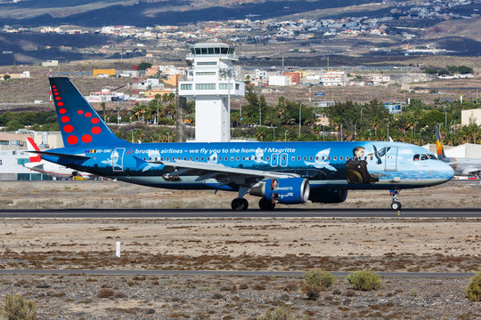 Brussels Airlines Airbus A320 airplane Tenerife South airport Magritte special livery