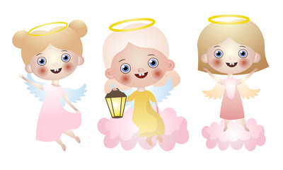 Set of three cute beautiful angel girls. Vector illustration in flat cartoon style.