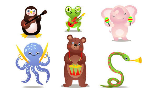 Set of cute colorful musician animals with different instruments. Vector illustration in flat cartoon style.