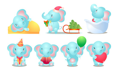 Set of cute happy smiling kid blue elephant character. Vector illustration in flat cartoon style.