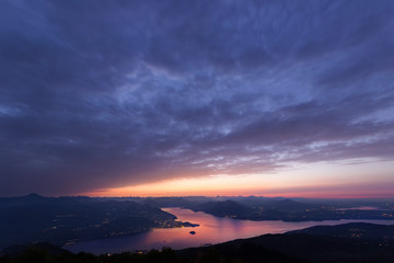 View of the Maggiore lake from Mottarone at sunrise.