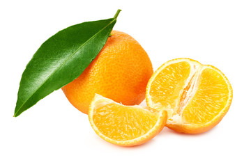 mandarin with slices and green leaf isolated on white background