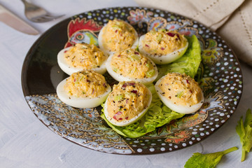 Eggs stuffed with tuna. Tuna stuffed deviled eggs
