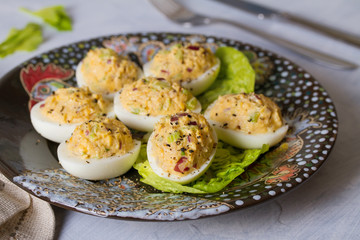 Eggs stuffed with tuna. Tuna stuffed deviled eggs