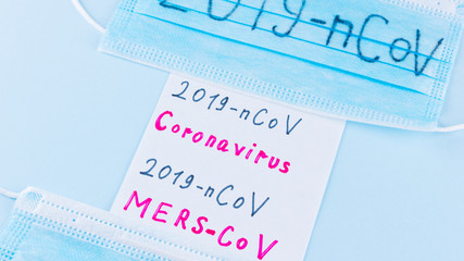 Coronavirus - 2019-nCoV. Protective medical mask with 2019-nCoV text. Chinese coronavirus outbreak. MERS-Cov middle East respiratory syndrome coronavirus