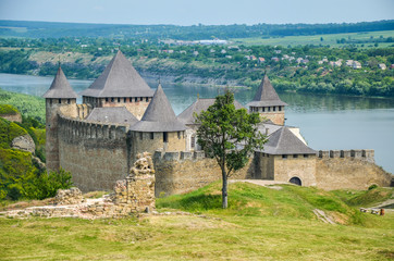 Scenic view of medieval Khotyn castle. Fortress located on the the right bank of the Dniester River. Famous touristic place and travel destination in Ukraine. Khotyn. Chernivtsi region. Ukraine.