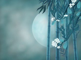 abstract floral background with flowers ,design is plumeria flower with bamboo on the full moon in night background 