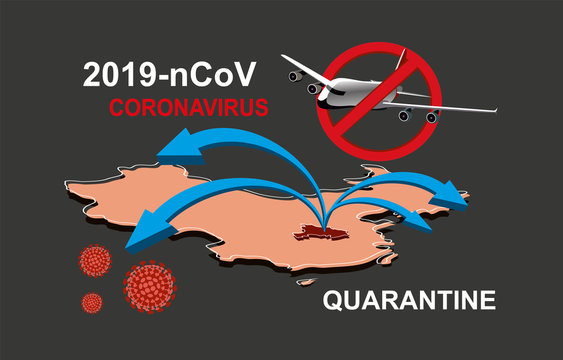 2019-nCoV. China pathogen respiratory coronavirus 2019-nCoV. Flu spreading of world, China map, arrows, floating influenza virus cells. Dangerous chinese ncov corona virus, SARS pandemic risk alert
