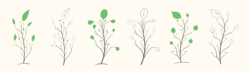 Set of branches with leaves of different shapes, two options, color and gray