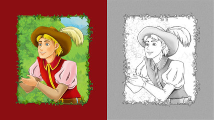 cartoon scene with prince king on the meadow with sketch