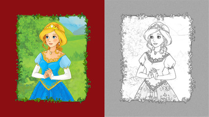 cartoon scene with princess queen on the meadow with sketch