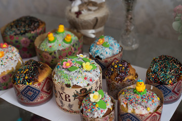 Easter Cakes - Russian and Ukrainian Traditional Kulich, Paska Easter Bread. Selective focus. Homemade family cakes. Happy Easter spring concept.
