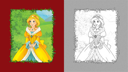 Obraz na płótnie Canvas cartoon scene with princess queen on the meadow with sketch