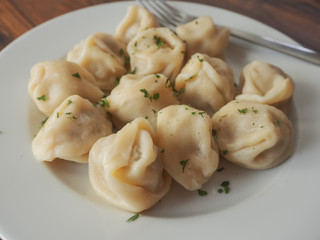 Dumpling on a white plate with herbs. Traditional Eastern European food,