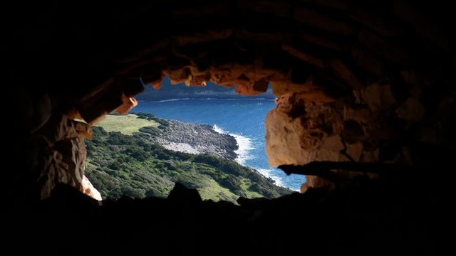 Voidokilia coast seen from the ruins of old Castle of Navarino. Pylos-Nestor, Messenia, Peloponnese, Greece