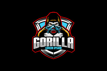 gorilla cartoon character with gas mask badge logo template