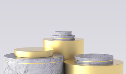 3d render, cylinder podium, modern minimalistic mock up, blank template, gold metal, empty showcase, shop display, blush pink pastel colors