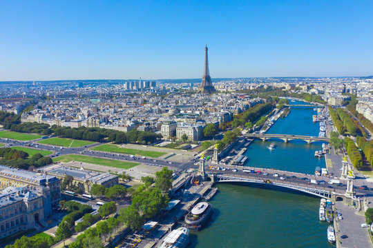 Aerial cityscape of Paris France with Seine River and Eiffel Tower