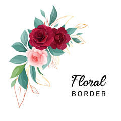 Fototapeta na wymiar Floral arrangements of red and peach rose flowers, leaves, branches, and gold leaves. Romantic botanic illustration elements for wedding, greeting, and valentine card design vector