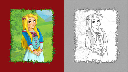 cartoon scene with princess queen on the meadow with sketch