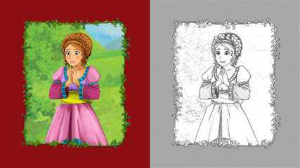 cartoon scene with princess queen on the meadow with sketch
