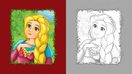 cartoon scene with princess queen on the meadow with sketch