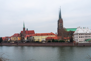 View of buildings, architecture and streets of the city of Wrocław, the historic capital of Lower Silesia.