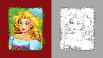 cartoon scene with princess queen on the meadow with sketch