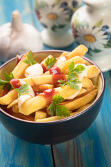 Canadian poutine potato fries with cheese and gravy