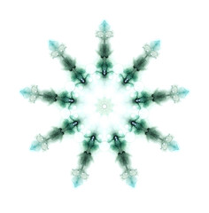 Green watercolor snowflake mandala pattern isolated on white background. Kaleidoscope effect.