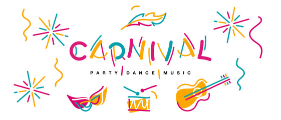 Carnival black light handwritten typography colorful logo party dance music carnival elements isolated white background