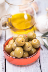 Pickled olives ready to eat, healthy food used in mediterranean cuisines