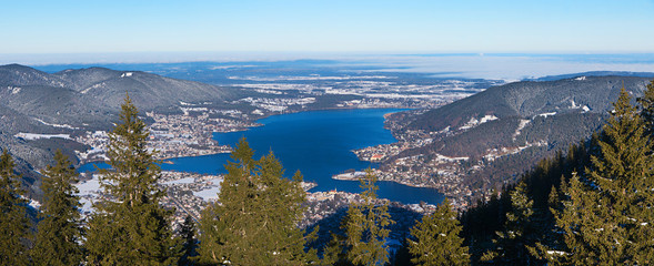 view to lake tegernsee from Wallberg mountain, bavarian landscape with a bit of snow