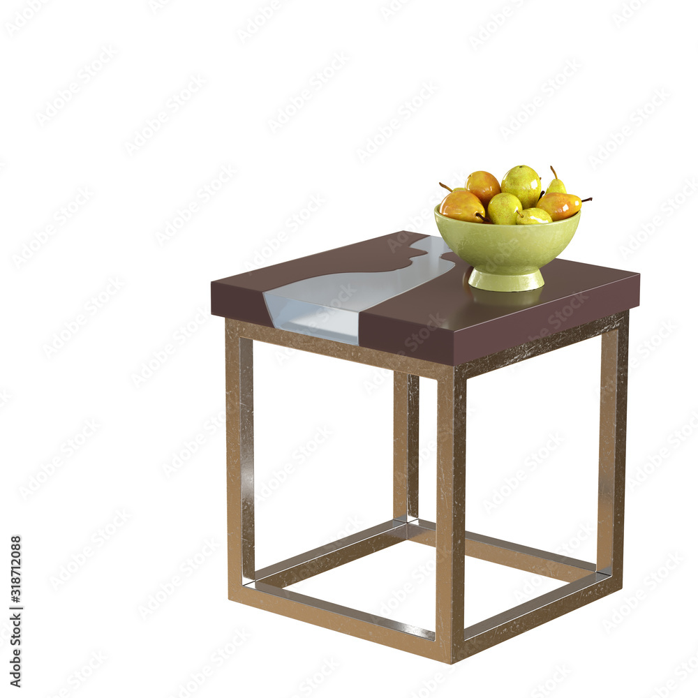Poster A small square coffee table on a metal base with a green vase with pears on a white background. Copyspace. 3d rendering